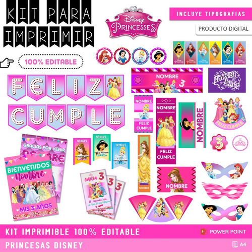 Kit Imprimible Cumpleaños + Candy Editable - Princesas