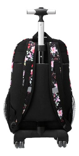 Set Mochila Escolar Carrito Con Lonchera Y Lapicera Flores Color Negro Diseño de la tela Estampado