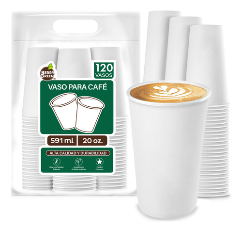 Berry Green vasos blancos para café 20 oz (591 ml) biodegradables sin tapa paquete de 120 piezas resistentes fáciles de apilar ideales para bebidas calientes en hogar u oficina