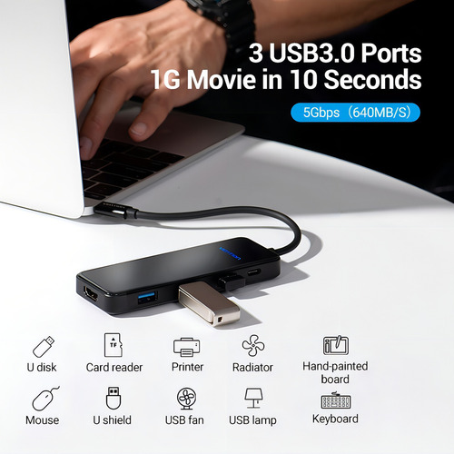 Hub USB Multipuerto Vention - 5 en 1 - Usb C A HDMI + 3 Puertos Usb 3.0 + Power delivery USB C 100W - 4K 60Hz - Carcasa Aluminio + Vidrio Templado - 15 CM - Premium Para PC / Mac / Laptop - THPBB