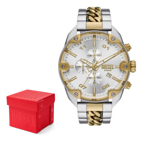 Relógio Diesel Spiked Dz4629 Correia Dourado E Prata Bisel Prateado Fundo Branco