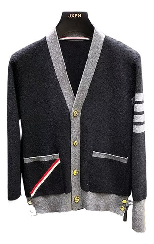 Jacquard Stripe Trimmed Casual V Neck Trendy Sweater