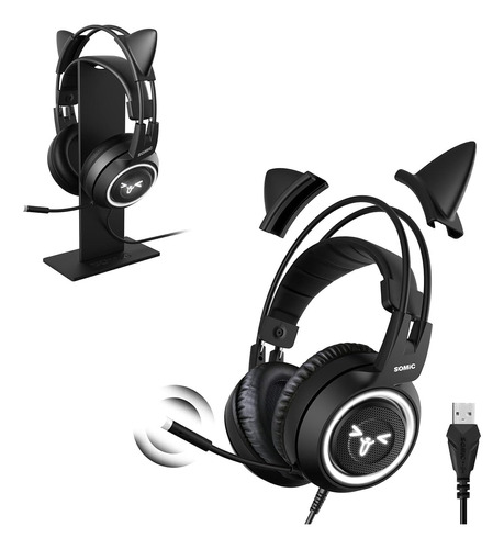 Auriculares Headphones Gamer Con Cable Y Orejas De Gato N...