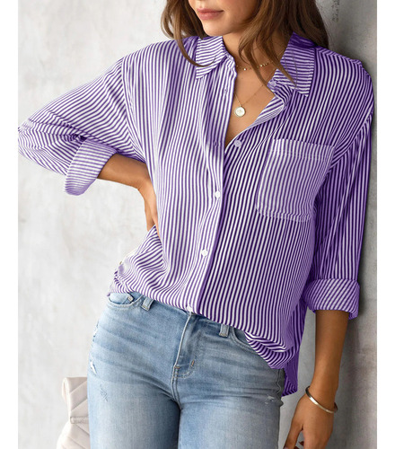 Camisa De Manga Larga Informal Holgada Con Top A Rayas Mujer