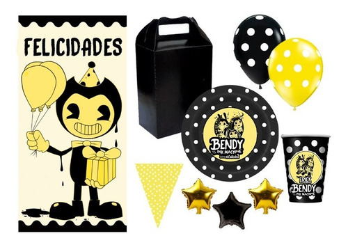 Bendy Ink Machine Kit 10 Niños Vasos Platos Globos Lona 