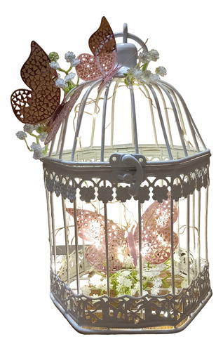 Centro De Mesa Jaula Hexagonal 26 Cm Con Mariposas Y Luz Led