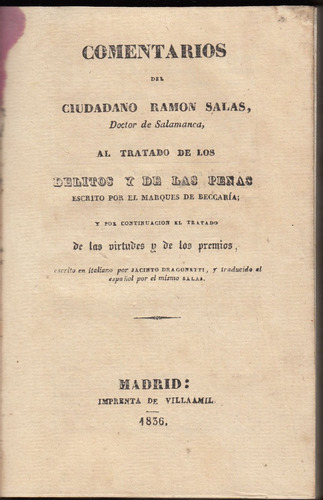 Madrid 1836 Comentarios Ramon Salas Tratado Delitos Beccaria
