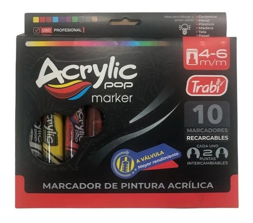 Marcador Trabi Acrylic Pop Tinta Acrilica Al Agua 4-6mm X 10