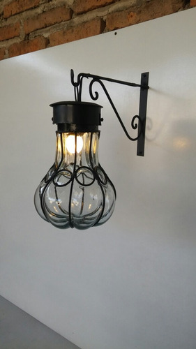 Lampara Farol De Pared O Muro De Herrería Y Vidrio Soplado