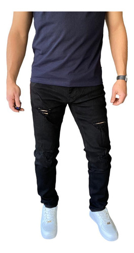 Jeans Slim Fit Destroyed Negro