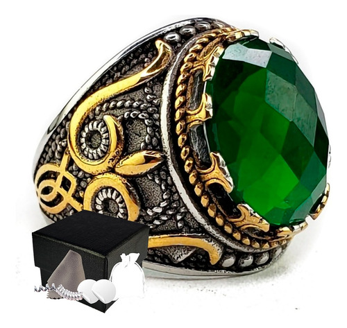 Combo Anillo Estilo Turco Elegante De Lujo Verde Acero Inoxi