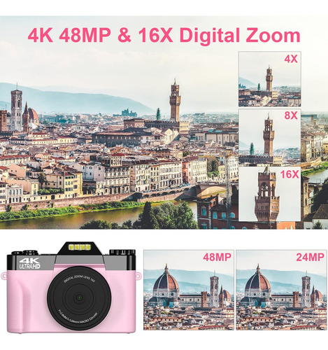 Camara Digital Vetek, 48mp, Zoom 16x, Gran Angular, Rosa