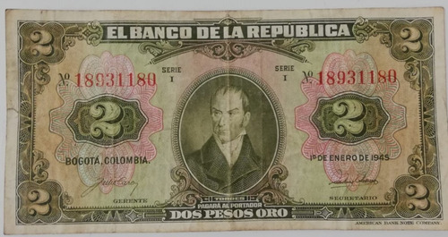 Billete Colombiano De 2 Pesos Oro 