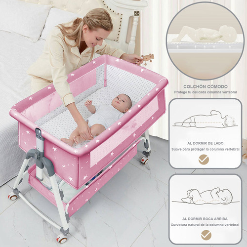 Cuna Plegable Portátil Mosquitero Bebe Colchon Niños, Cama Altura Regulable Mosquitero Abatible,Colecho Cuna Multifuncional, Corral Con Colchón Mosquitera Color Rosa