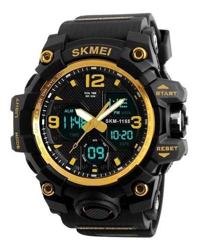 Reloj de pulsera Skmei 1155 de cuerpo color negro, analógico-digital, para hombre, fondo negro, con correa de poliuretano color negro, agujas color blanco y oro, dial oro, subesferas color negro, minutero/segundero gris, bisel color negro y oro y hebilla doble