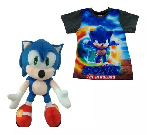 Boneco Pelúcia Sonic Azul Antialérgico + Camiseta Infantil