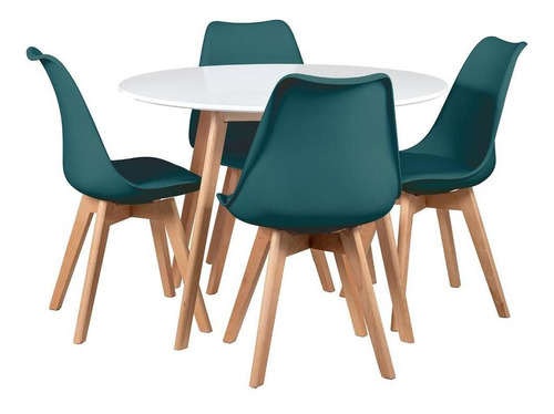 Mesa De Jantar 100 Cm Com 4 Cadeiras Leda Cor Mesa branco com cadeiras verde escuro