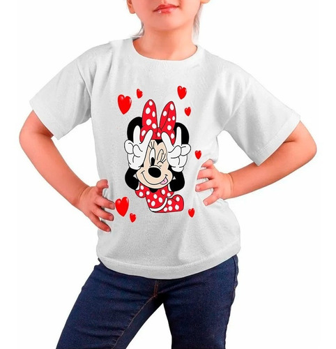 Polera Estampada 100% Algodón Niña Minnie Con Corazones