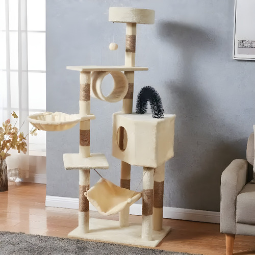 Torre Con Postes Rascadores Para Gato, Árbol De Actividades Color Blanco