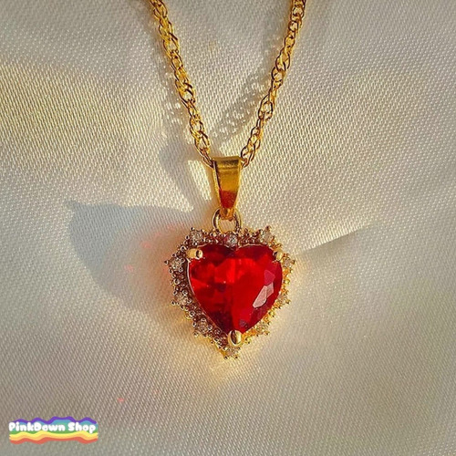 Collar Con Dije Lujoso Con Piedra De Rubi Corazon