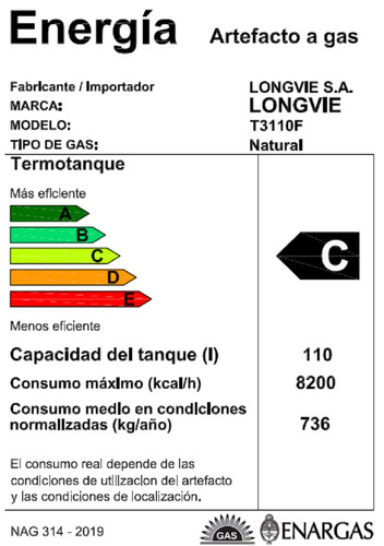 Imagen 5 de 5 de Termotanque A Gas Longvie 110 Litros T3110f