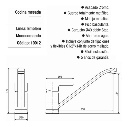 Griferia Cocina Emblem Piazza Monocomando Cromo Cromado