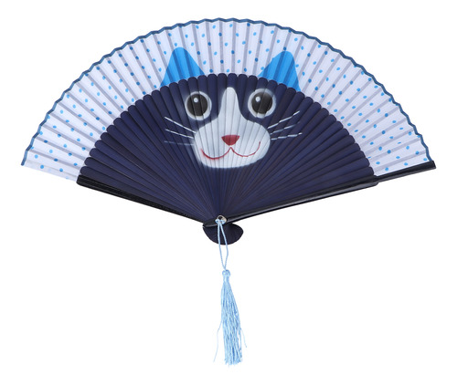 Abanico Plegable Azul Con Estampado De Gato De Dibujos Anima