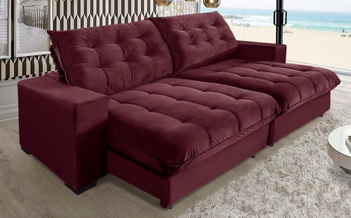 Sofá Retrátil e Reclinável 6 Lugares 3.10m Suede Vinho Super Pillow Top Califórnia com Molas Ensacadas Sofá Casa