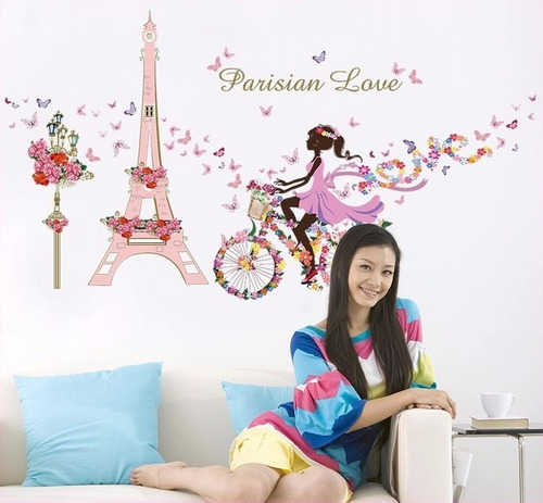 Imagen 7 de 7 de Vinilo Decor Sticker Pared - Paris Love Rosa Bici Hada Flor