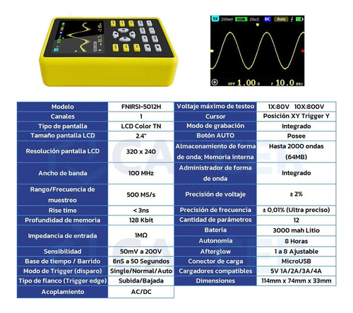 Osiloscopio Digital Portatil 100 Mhz 500ms/s Fnirsi-5012h