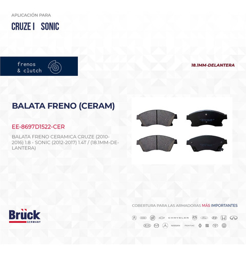 Jgo Balatas Delanteras Ceramica Sonic Cruze 10 - 14 18.1 Mm