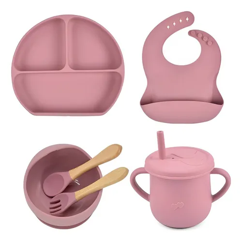 Vajilla para Bebes y Niños, Set Plato silicona con ventosa BLW, Vaso  antiderrame 360 aprendizaje, Babero silicona impermeable, Cuchara silicona,  vajilla completa (rosado) – Optimum39