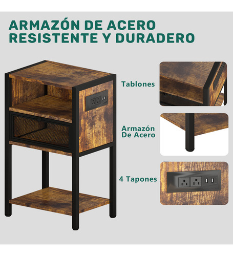 Lazydot Mesilla De Noche Con Tomas, Buros Para Recamara Con Dos Cajones, Mueble De Salón Con Dos Enchufes Y Dos Usb, Mesita De Noche Vintage, Mesa Auxiliar