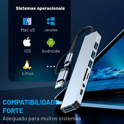 Adaptador Hub Usb E Tipo C Extensor 8 Em 1 Com Leitor Cartão