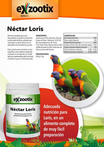 Alimento Para Aves Nectar Loris Exzootix 500 G