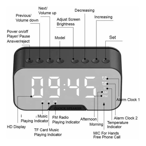 Radio Reloj Despertador Led Espejo Altavoz Bluetooth Recarga