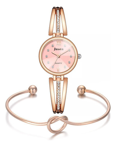 Relógio Feminino Pequeno Rosé Dourado Luxo + Pulseira Charm Cor do bisel Dourado rose