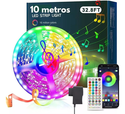 Cinta De Luz Led Rítmica Rgb 10 Metros Bluetooth + Control