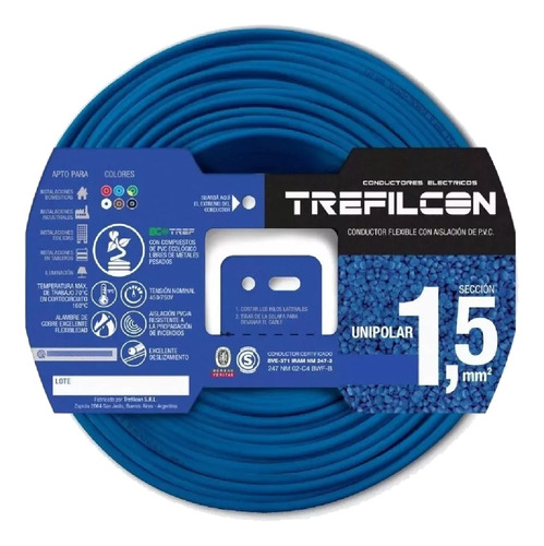 Cable Unipolar Normalizado Trefilcon 50 M - 1,5 Mm - Celeste