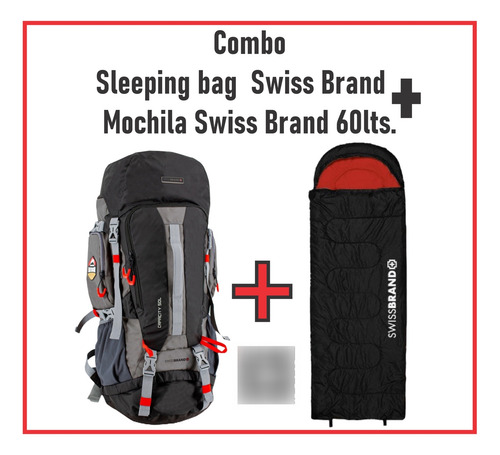 Combo Sleeping Bag Swissbrand + Mochila Para Senderismo/ Acampar Swiss Brand Logan Black Grey 60lts. Negro