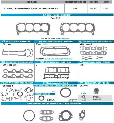 Juntas De Motor Ford 8 Cil 5.0lt 302 Pick Up 90-97 F250/150/