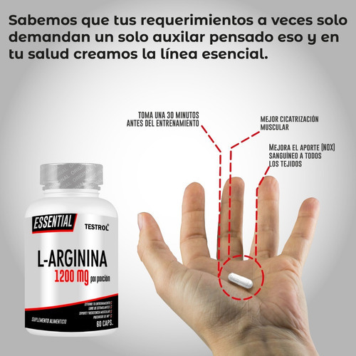 L-arginina 1200 Mg | Testrol | Essential | 60 Caps Sabor Sin sabor