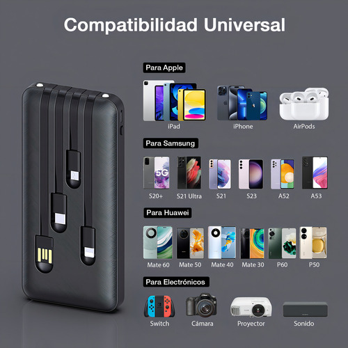 Power Bank Batería Cargador Portátil 10000mah Con Cables Negro