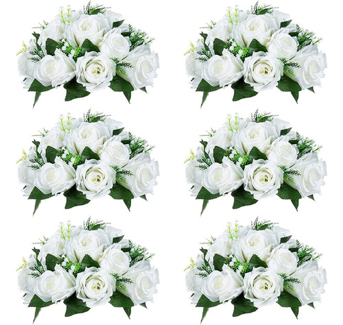 Flores Artificiales 15 Cabezas De Rosas Blancas Pack 6u.