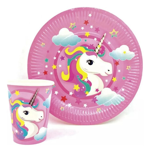 Set 10 Platos  + 10 Vasos Unicornio Descartable  Cotillón 