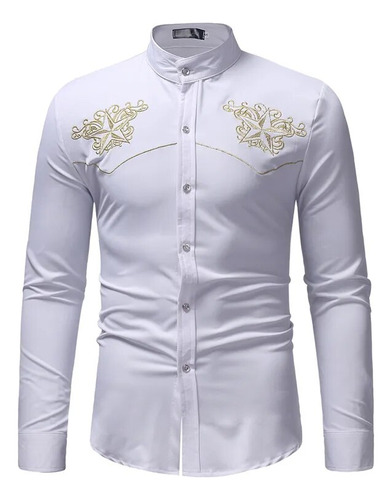 Camisa De Vestir Mandarín Para Hombre, Camisa Bordada De Man