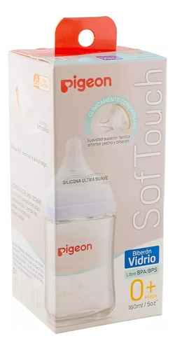 Mamadera Pigeon Softouch Vidrio Boca Ancha 160ml. Para Edades 0+ Meses Blanco