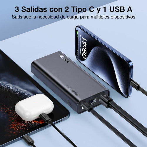 Powerbank 20,000 Mah 1hora Carga Rápida 22.5w Pantalla Led Negro