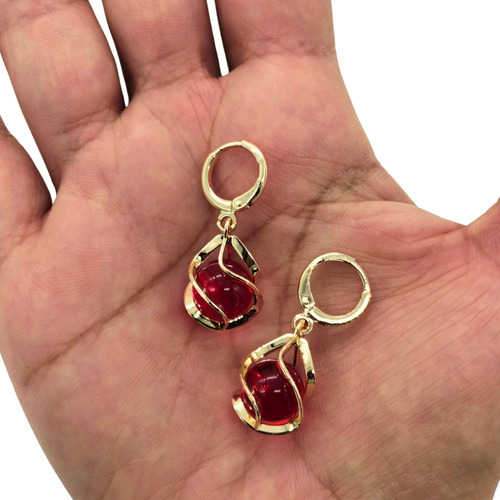 Aretes Medianos Bola Roja Oro Laminado Dama Mujer