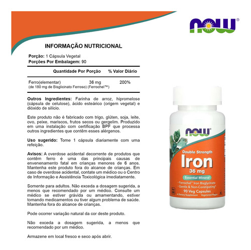 Ferro 36mg Importado 90 Capsulas Veganas Now Foods - Mineral